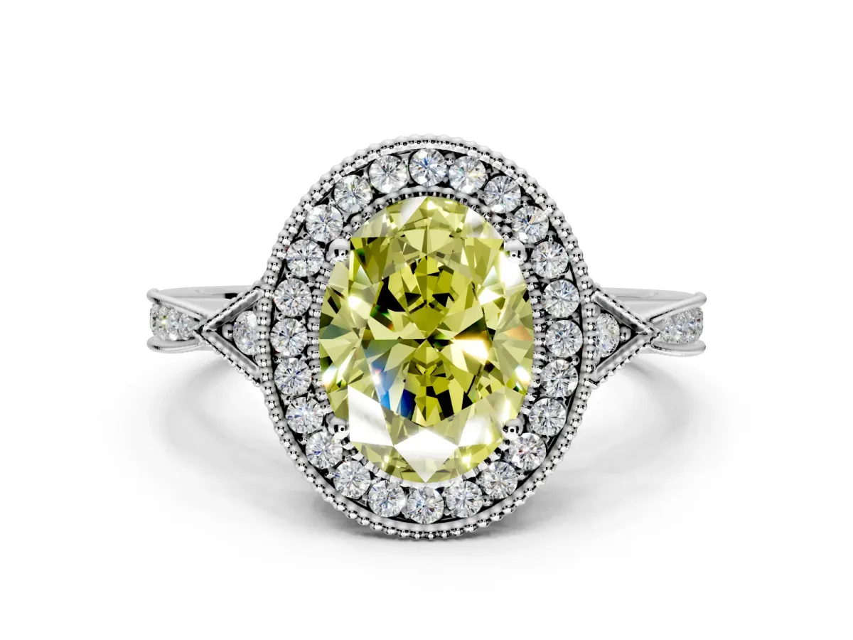 Halo Engagement Ring Setting for Fancy Yellow Oval Center with Milgrain Rim, Pave Band and Prong Head in Sterling Silver