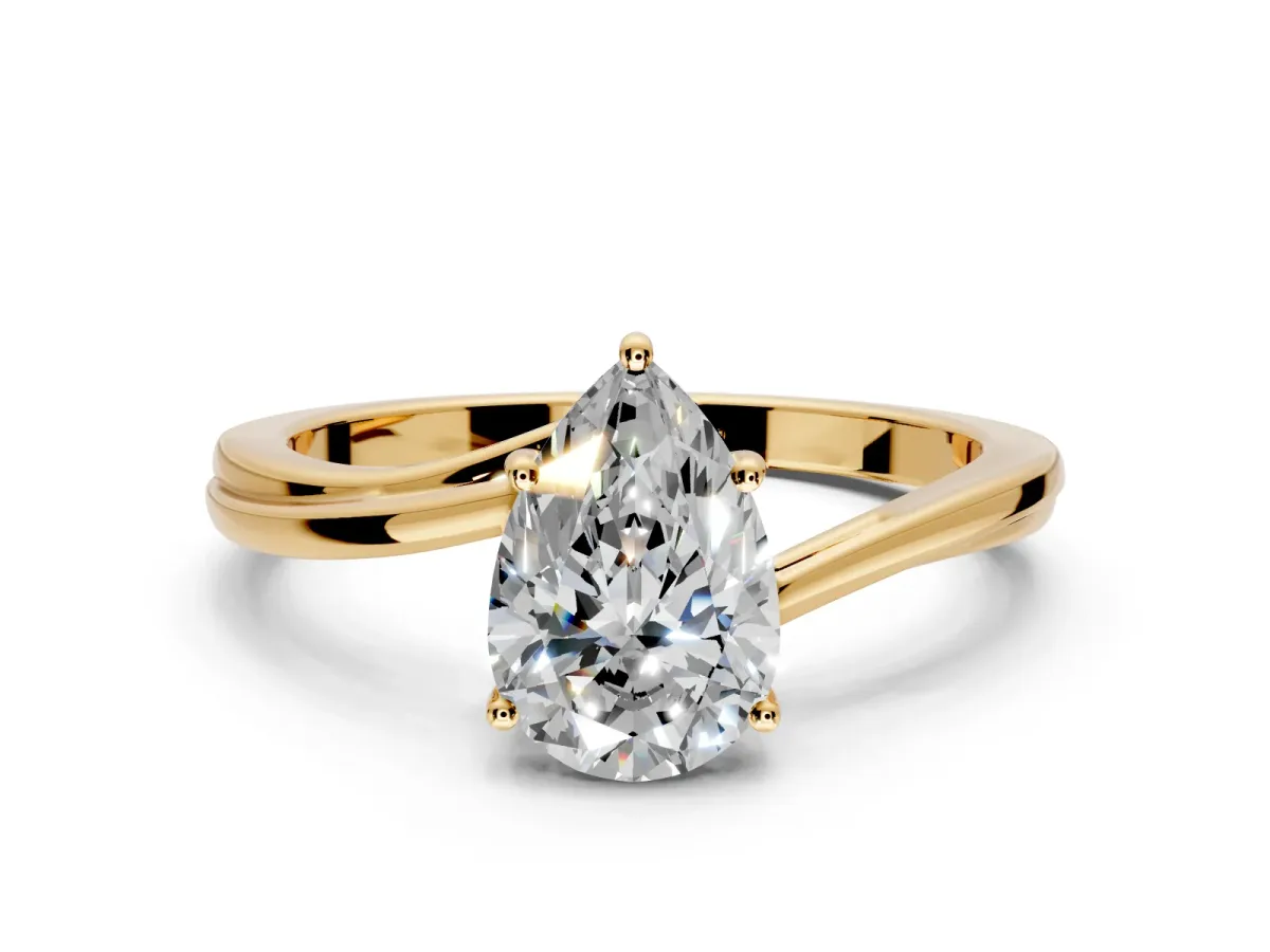 Solitaire Engagement Ring Setting for Pear-Shaped Center with Plain Bypass Twist Band and Prong Head in Yellow Gold