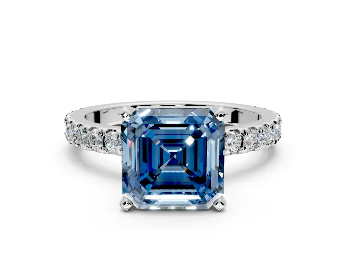 Solitaire Engagement Ring Setting for Fancy Blue Asscher Cut Center with Fine Pave Band and Claw Prong Head in Sterling Silver