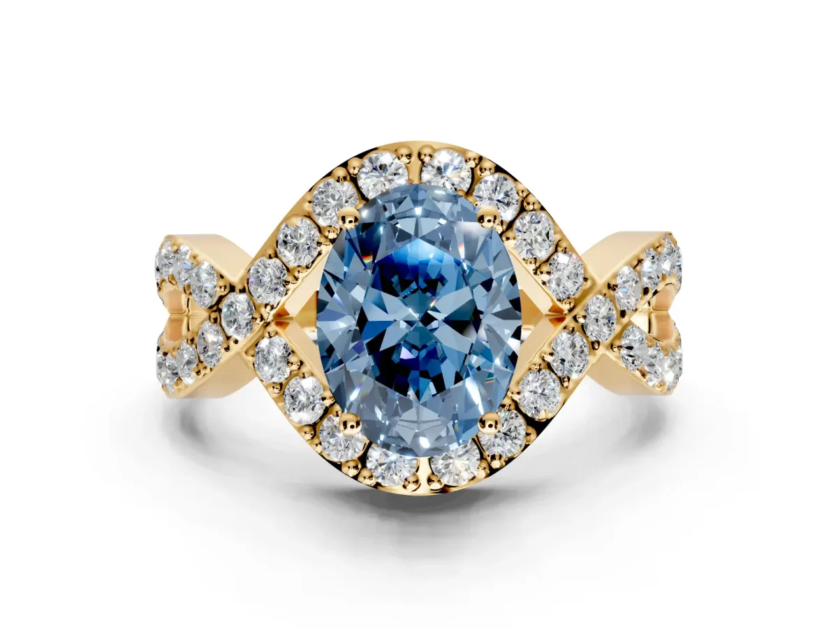 Halo Engagement Ring Setting for Fancy Blue Oval Center with Pave Infinity Twist Band and Prong Head in Yellow Gold