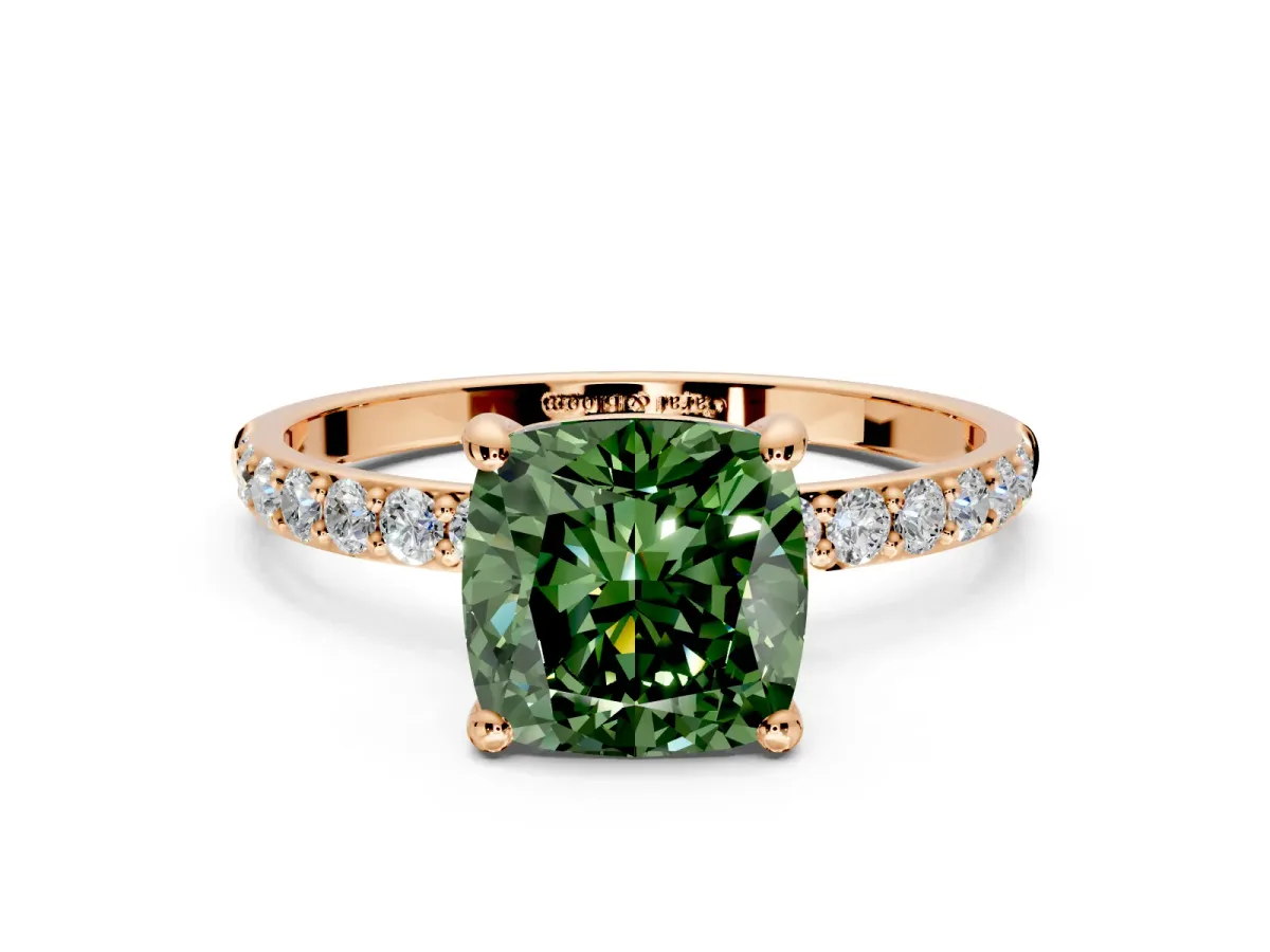 Solitaire Engagement Ring Setting for Fancy Green Cushion Cut Center with Pave Accents and Prong Head in Rose Gold