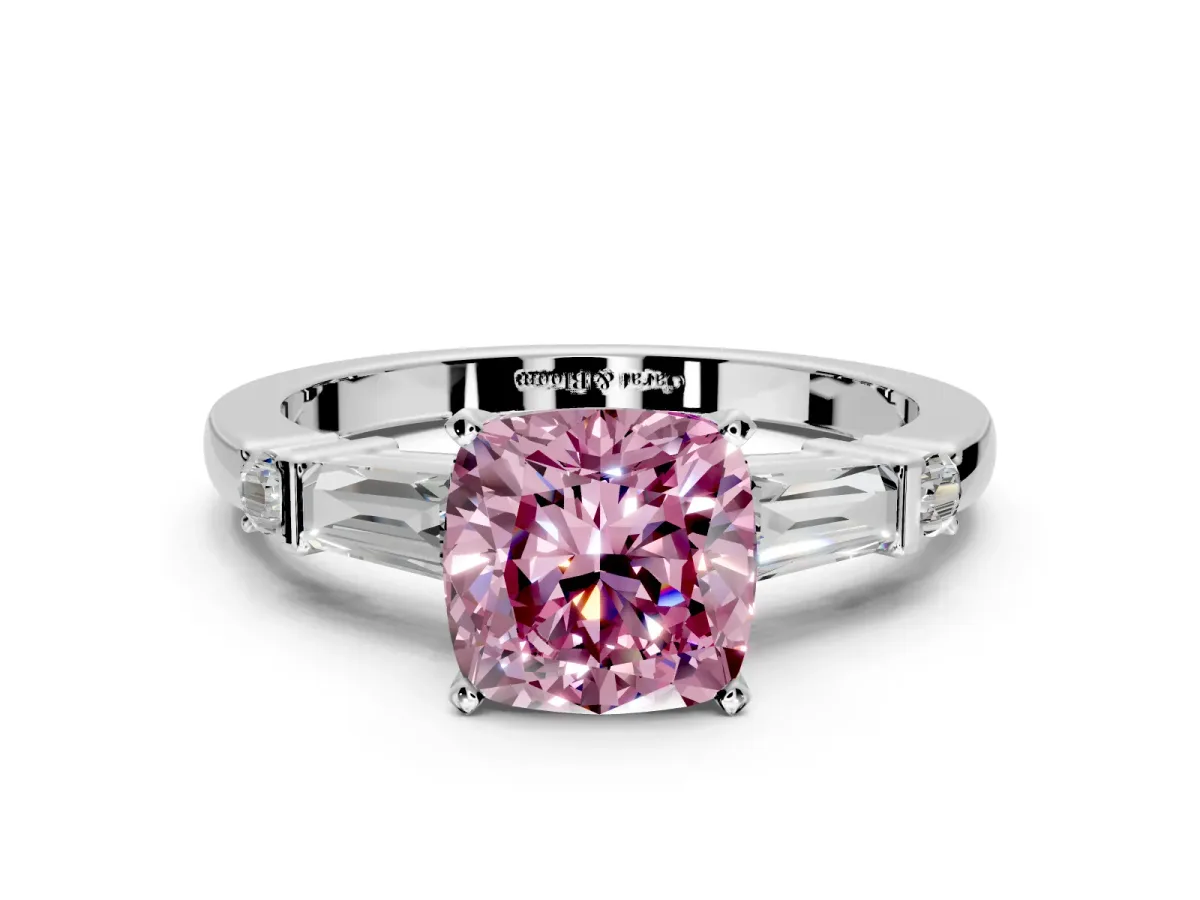 Bar-Set Engagement Ring Setting for Fancy Pink Cushion Cut Center with Tapered Baguette Accents and Prong Head in Sterling Silver