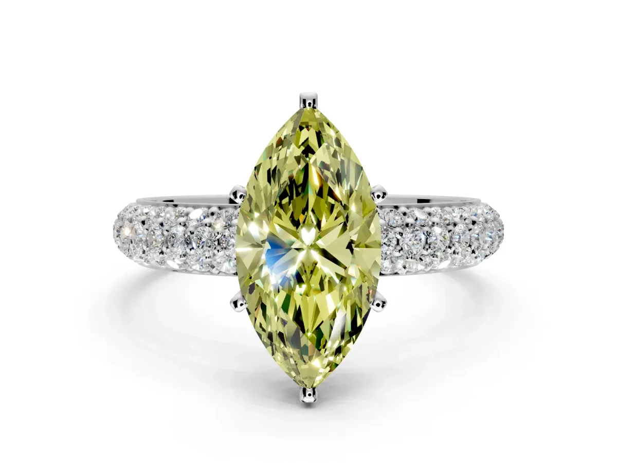 Solitaire Engagement Ring Setting for Fancy Yellow Marquise Center with Domed Multi-Row Pave Band and Prong Head in Platinum