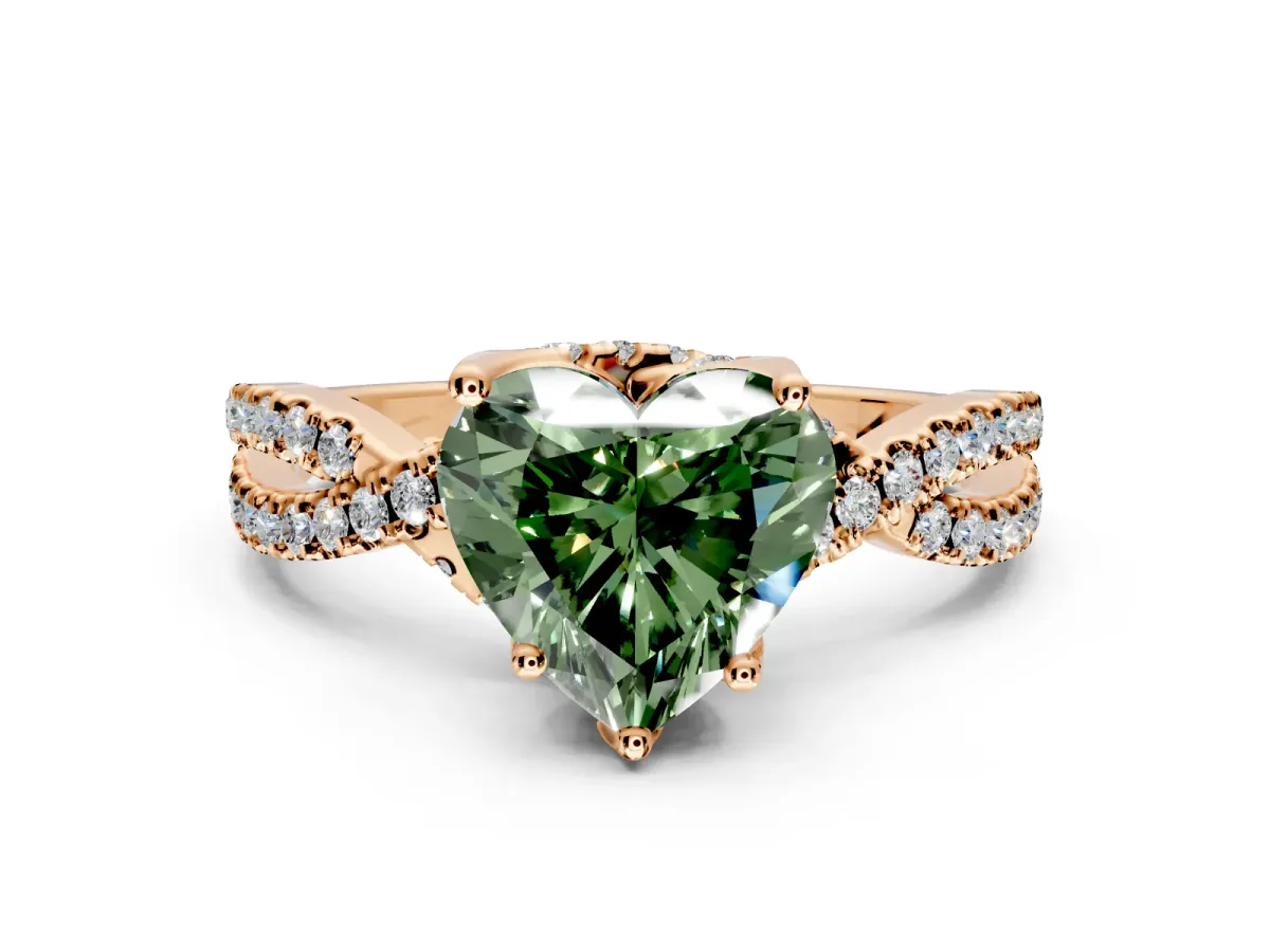 Solitaire Engagement Ring Setting for Fancy Green Heart-Shaped Center with Narrow Twist Pave Band and Prong Head in Rose Gold