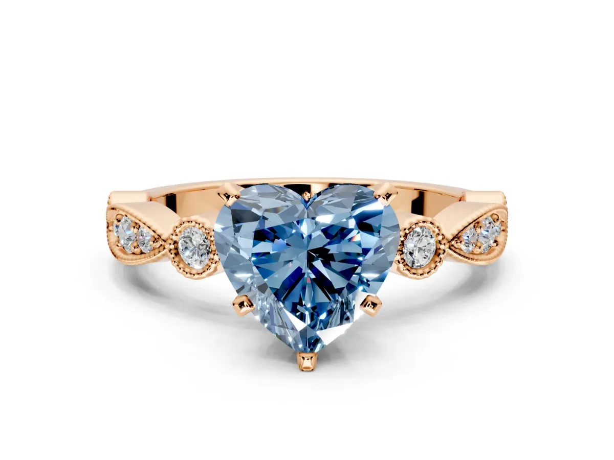 Solitaire Engagement Ring Setting for Fancy Blue Heart-Shaped Center with Milgrain Bezel Accents and Prong Head in Rose Gold