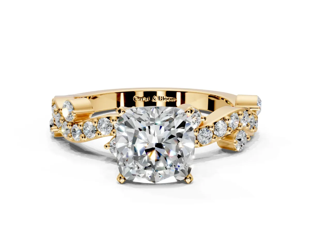 Solitaire Engagement Ring Setting for Cushion Cut Center with Bar-Station Pave Twist and Prong Head in Yellow Gold