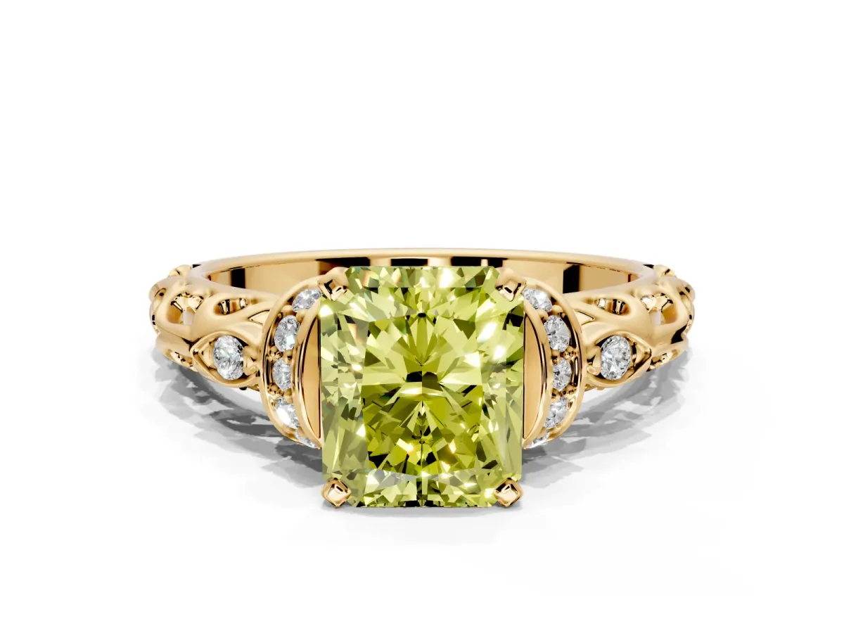 Solitaire Engagement Ring Setting for Fancy Yellow Radiant Cut Center with Filigree Band and Prong Head in Yellow Gold