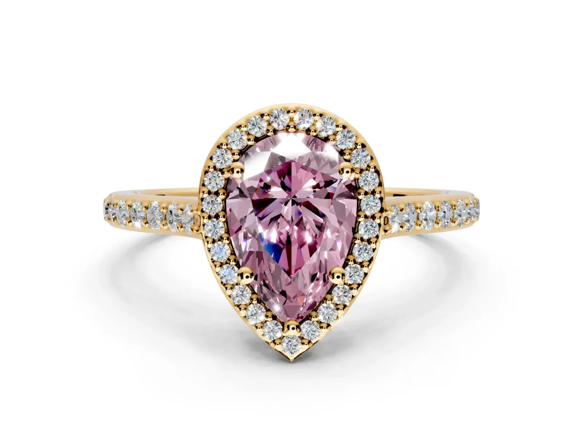 Halo Engagement Ring Setting for Fancy Pink Pear-Shaped Center with Pave Accents, Heart Basket and Prong Head in Yellow Gold