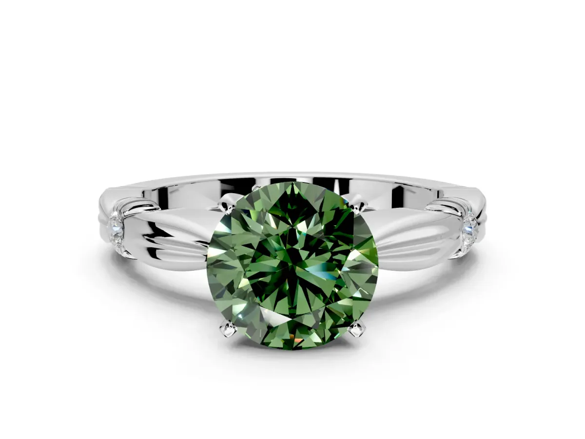 Solitaire Engagement Ring Setting for Fancy Green Round Cut Center with Carved Leaf Shoulders and Prong Head in Platinum