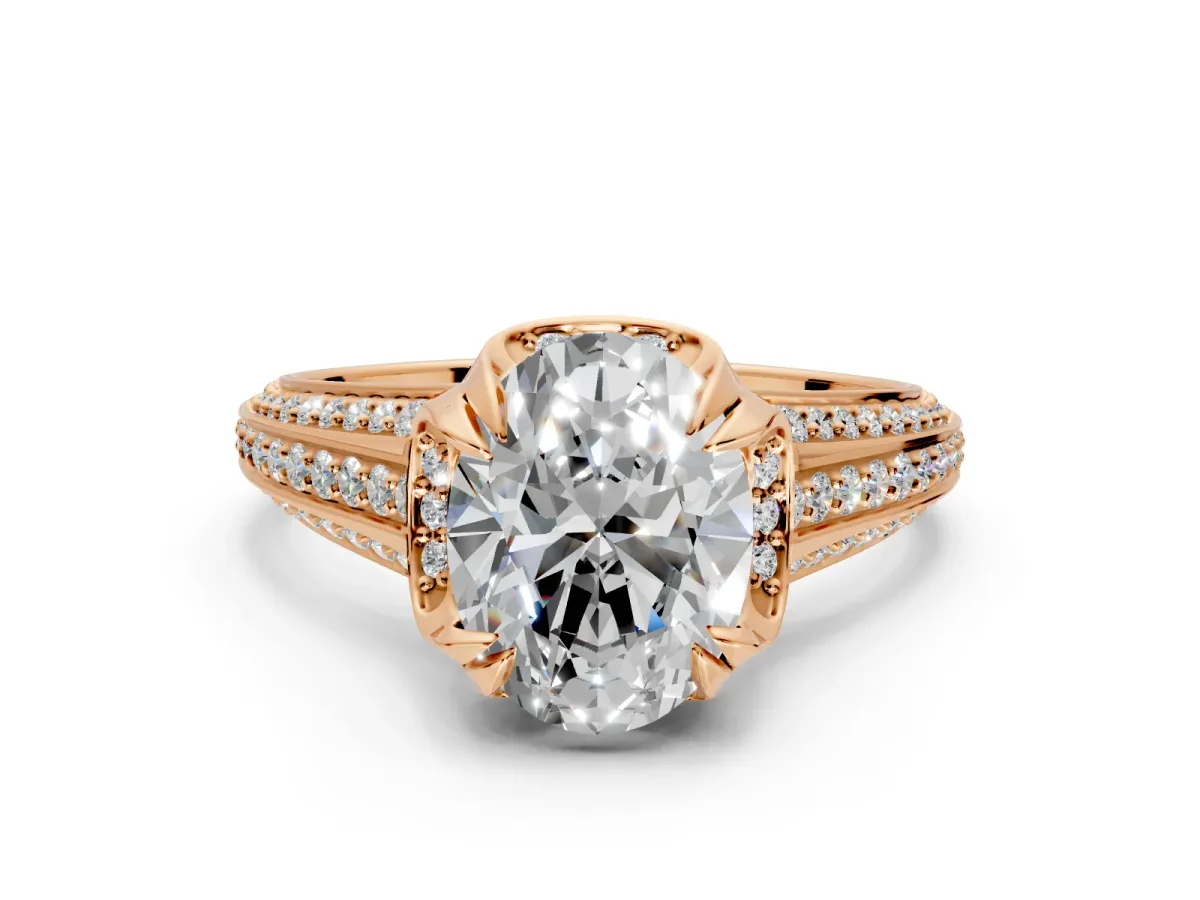 Solitaire Engagement Ring Setting for Oval Center with Accented Split Shank and Prong Head in Rose Gold