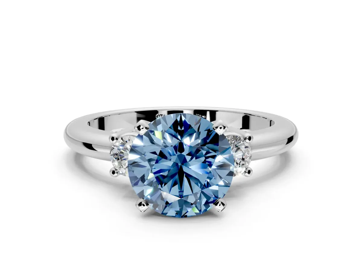 3 Stone Engagement Ring Setting for Fancy Blue Round Cut Center with Wide Plain Band and Prong Head in White Gold