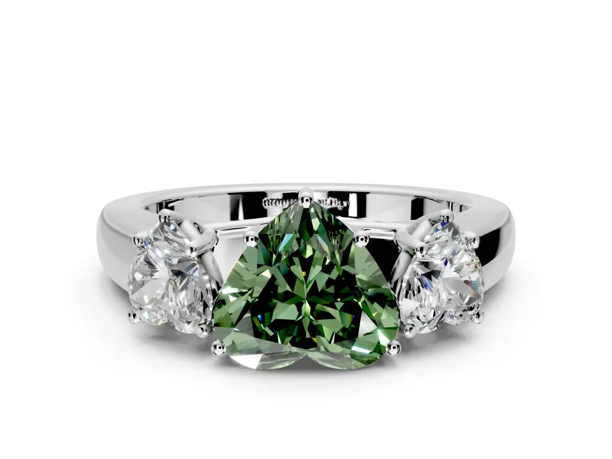 3 Stone Engagement Ring Setting for Fancy Green Heart-Shaped Center with Raised Basket Heads and Prong Head in White Gold