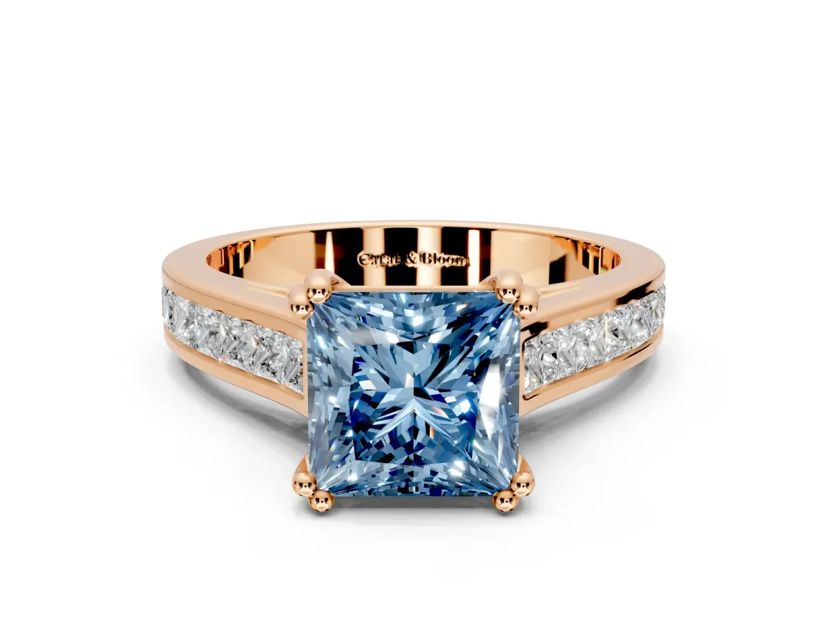 Solitaire Engagement Ring Setting for Fancy Blue Princess Cut Center with Channel Band and Double Claw Prong Head in Rose Gold