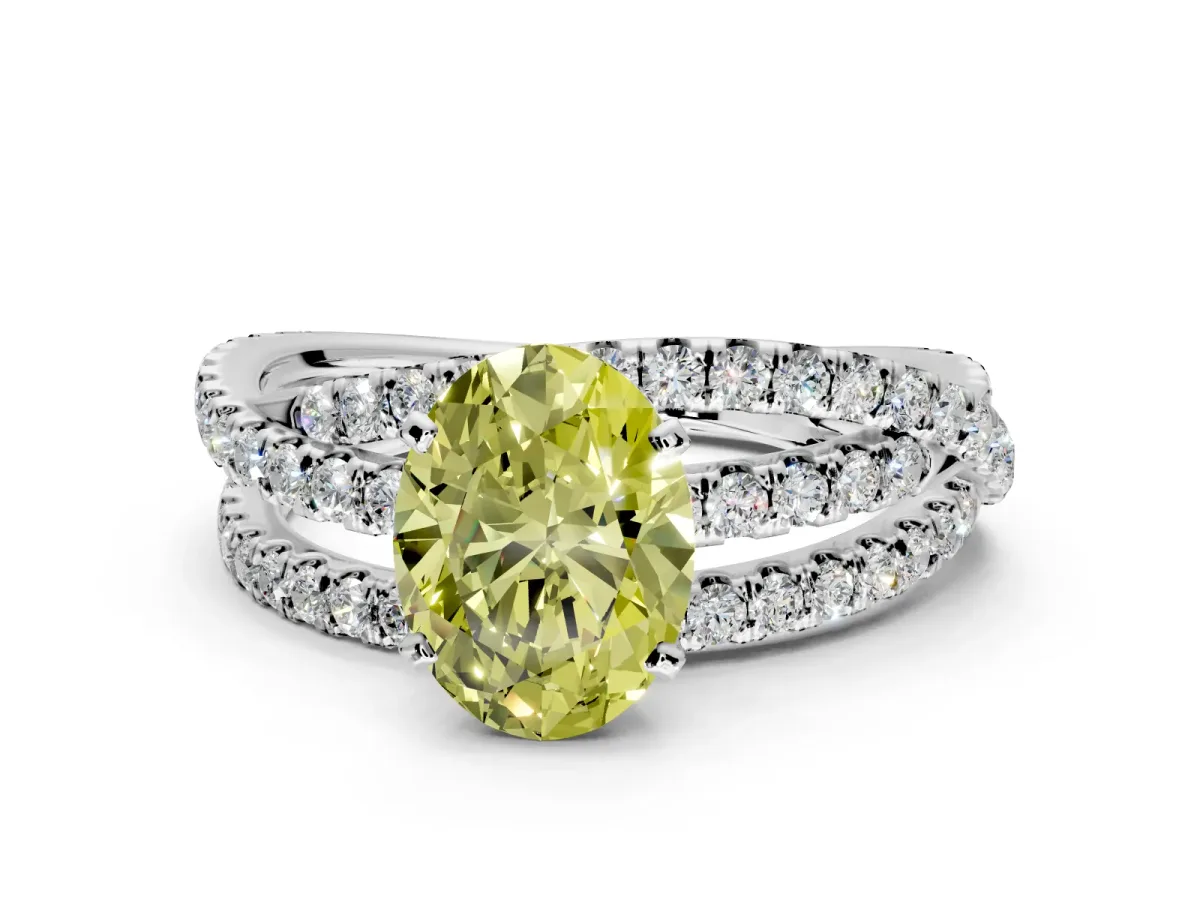 Solitaire Engagement Ring Setting for Fancy Yellow Oval Center with Woven 3-Strand Pave Band and Prong Head in White Gold