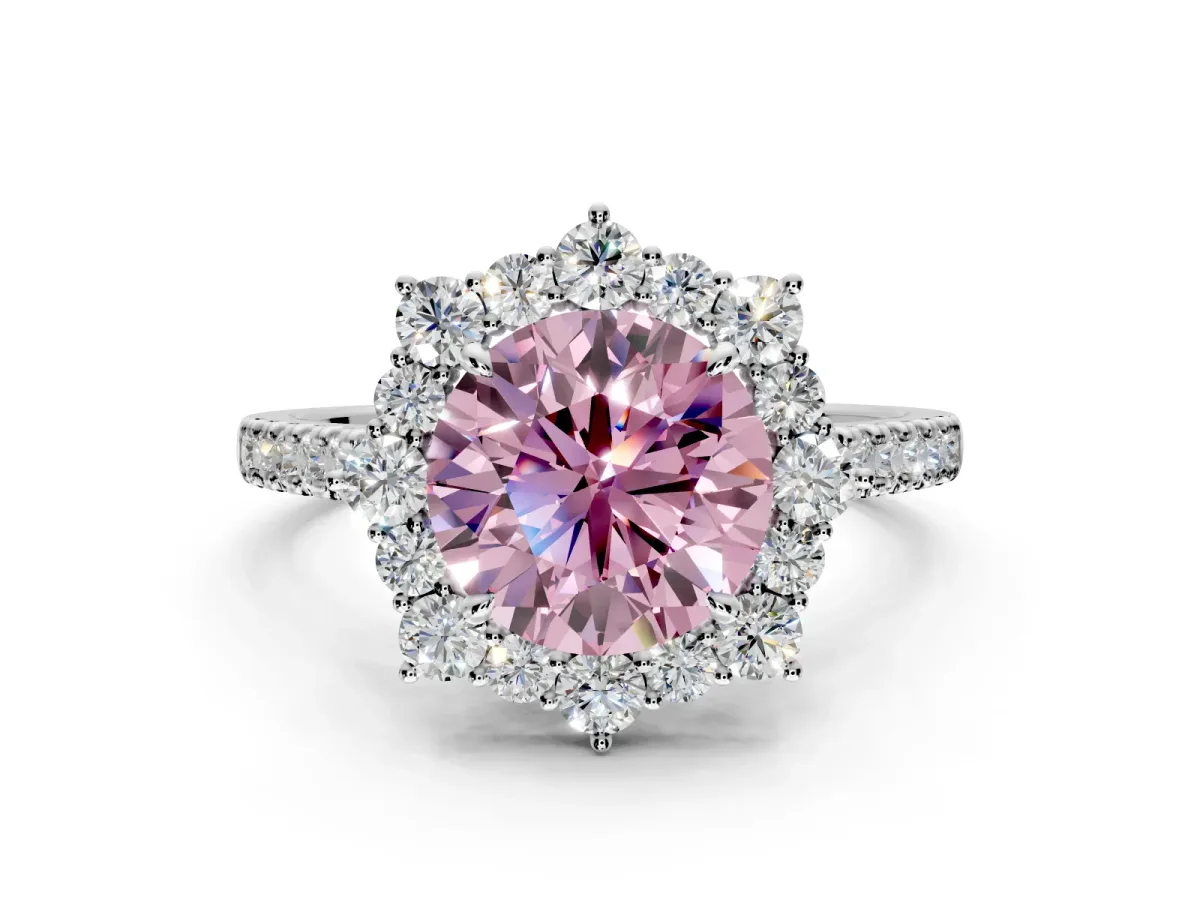 Halo Engagement Ring Setting for Fancy Pink Round Cut Center with Single-Row Pave, Open Basket and Prong Head in Platinum