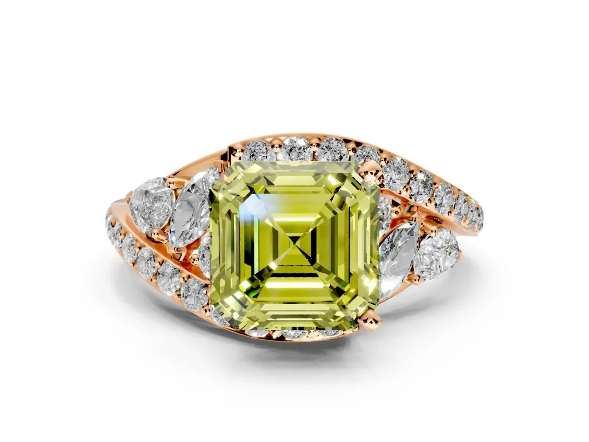 Halo Engagement Ring Setting for Fancy Yellow Asscher Cut Center with Marquise and Pave Bypass Band and Prong Head in Rose Gold