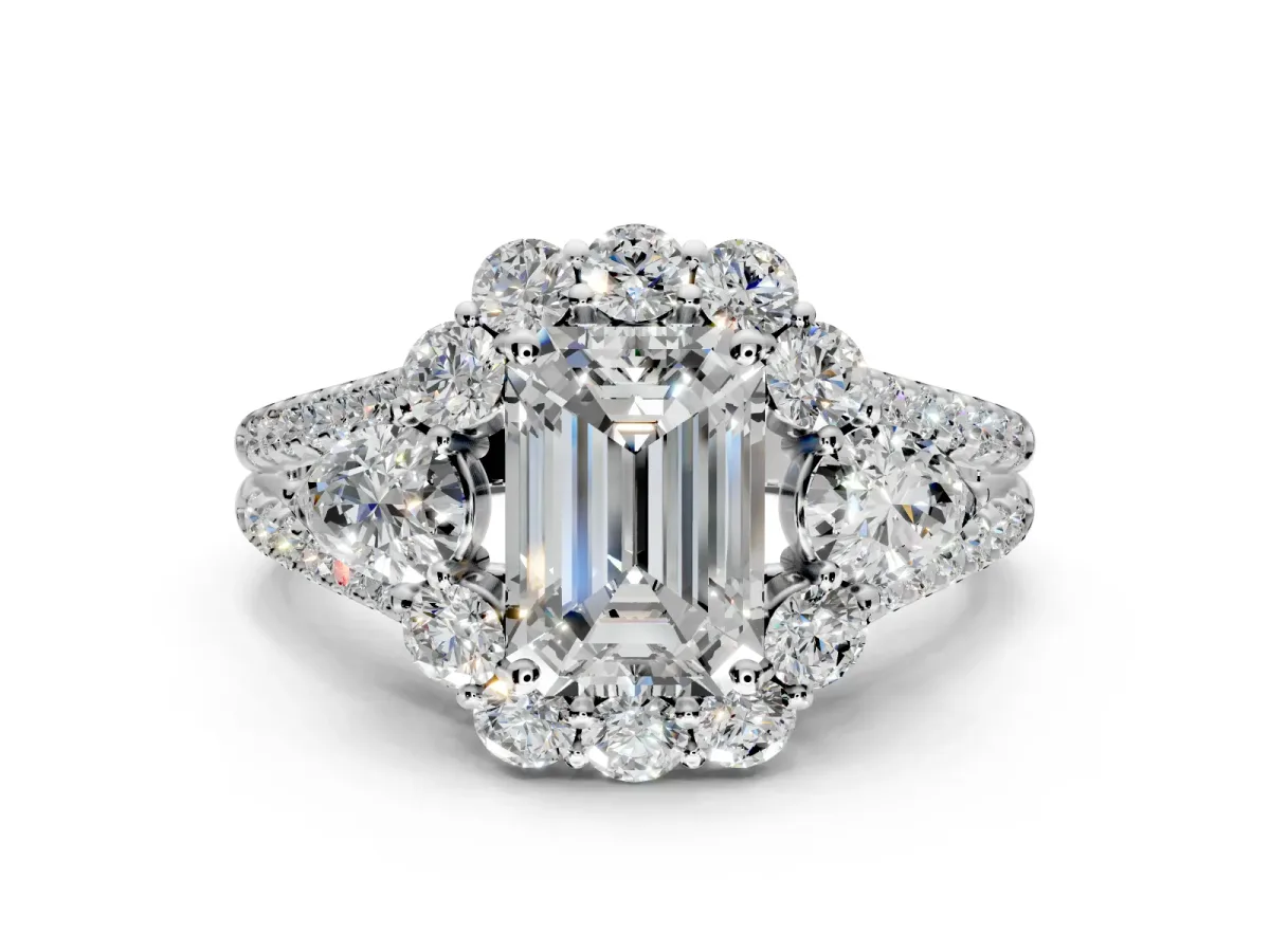 Halo Engagement Ring Setting for Emerald Cut Center with Two-Strand Split Shank and Prong Head in Platinum