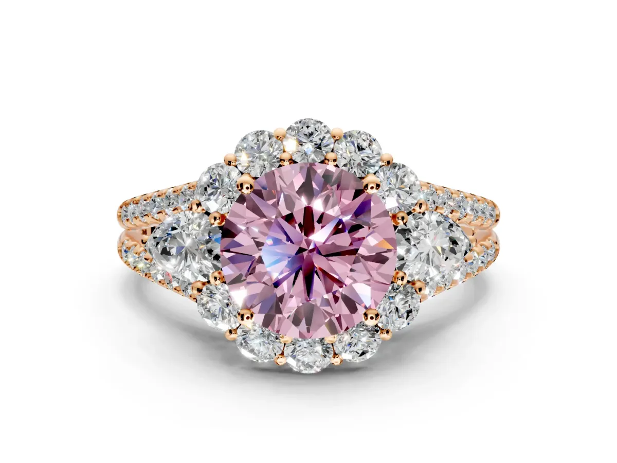 Halo Engagement Ring Setting for Fancy Pink Round Cut Center with Two-Strand Split Shank and Prong Head in Rose Gold