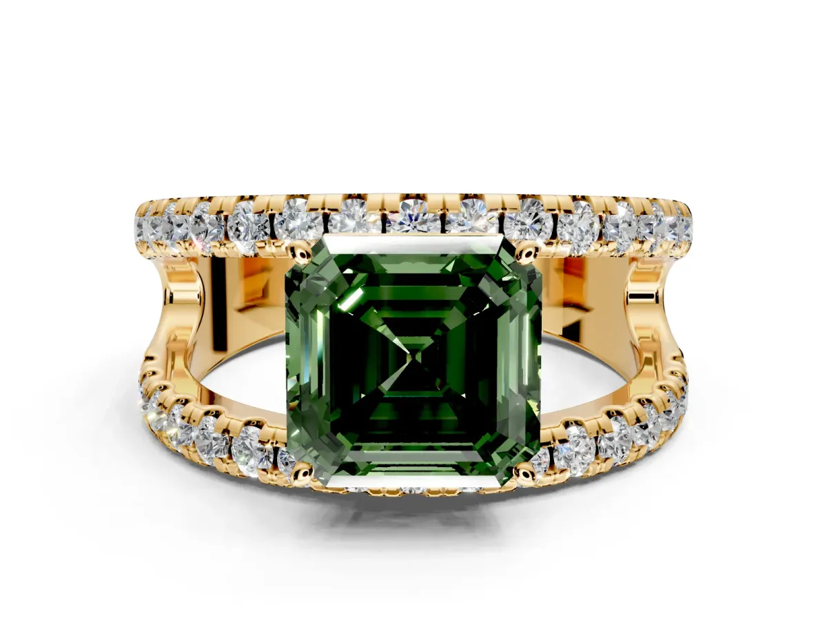 Solitaire Engagement Ring Setting for Fancy Green Asscher Cut Center with Wide-Open Split Shank and Prong Head in Yellow Gold
