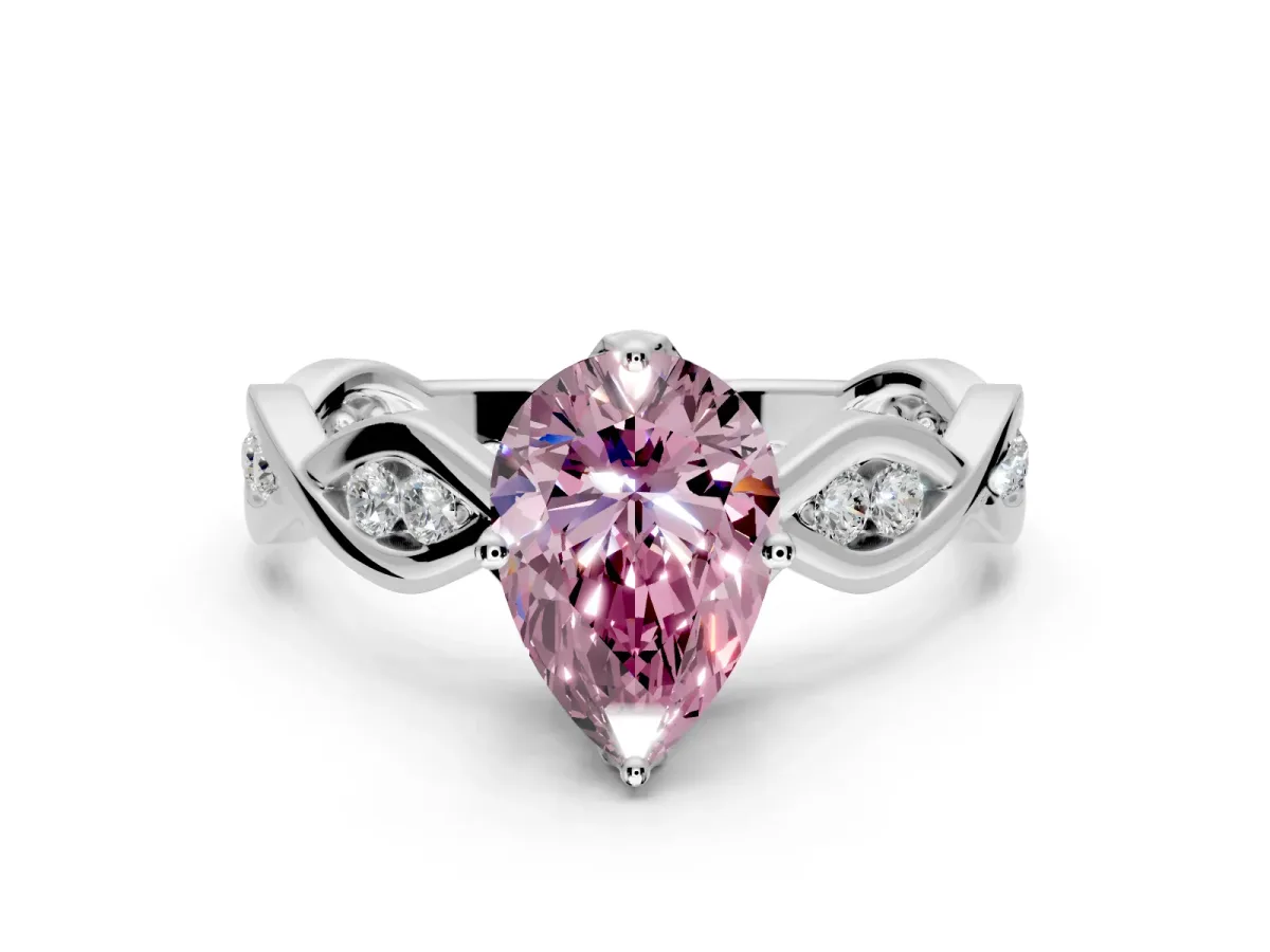 Solitaire Engagement Ring Setting for Fancy Pink Pear-Shaped Center with Accented Twist Band and Leaf Prong Head in White Gold