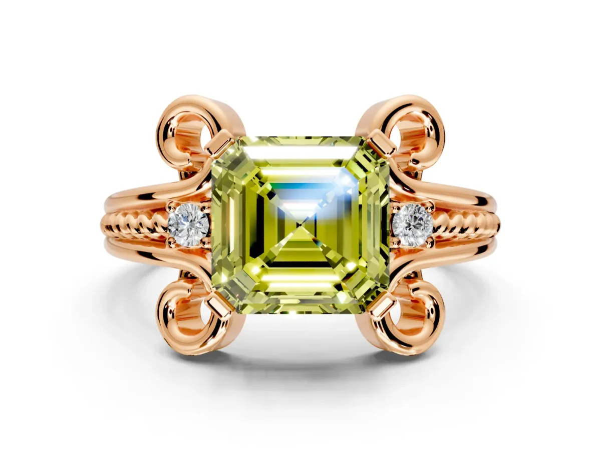 Solitaire Engagement Ring Setting for Fancy Yellow Asscher Cut Center with Twisted Band and Scroll Prong Head in Rose Gold