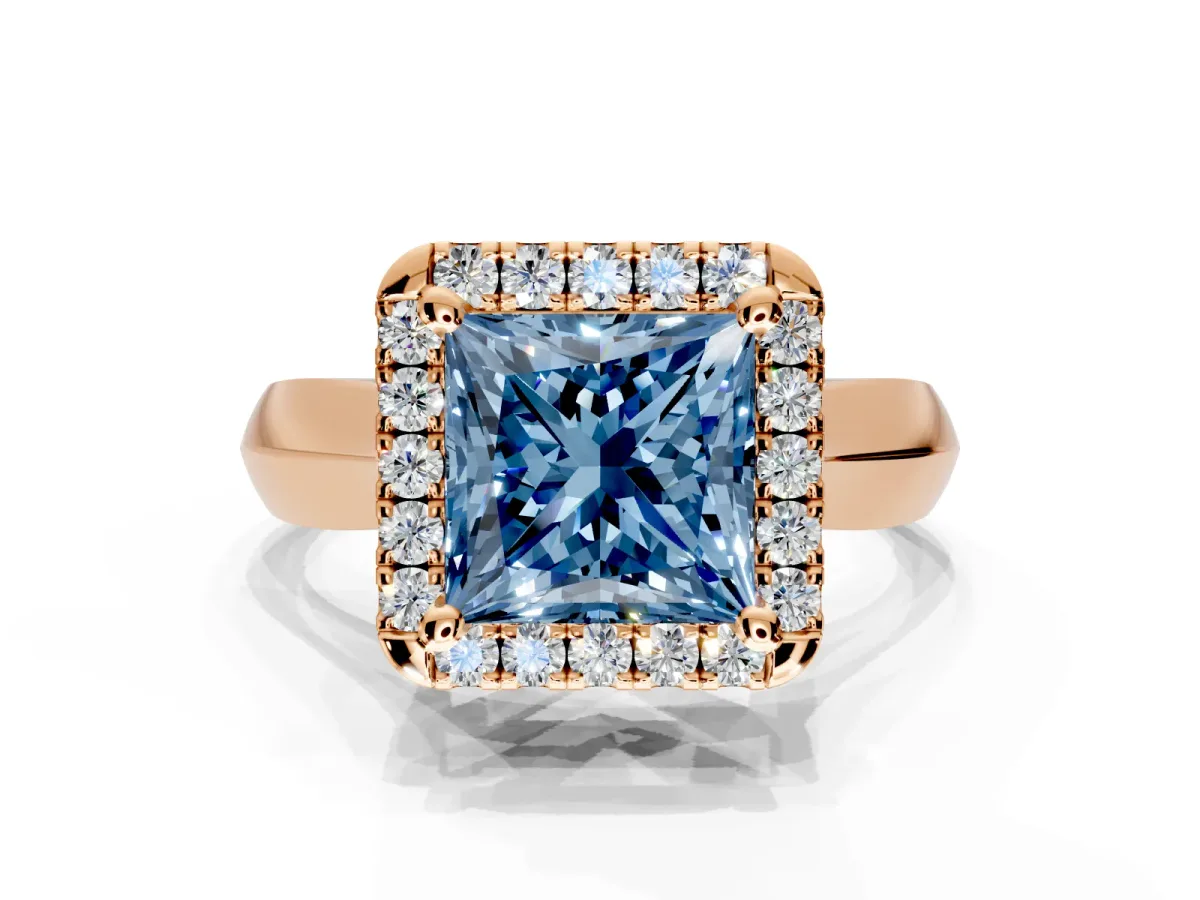 Halo Engagement Ring Setting for Fancy Blue Princess Cut Center with Square Band and Prong Head in Rose Gold