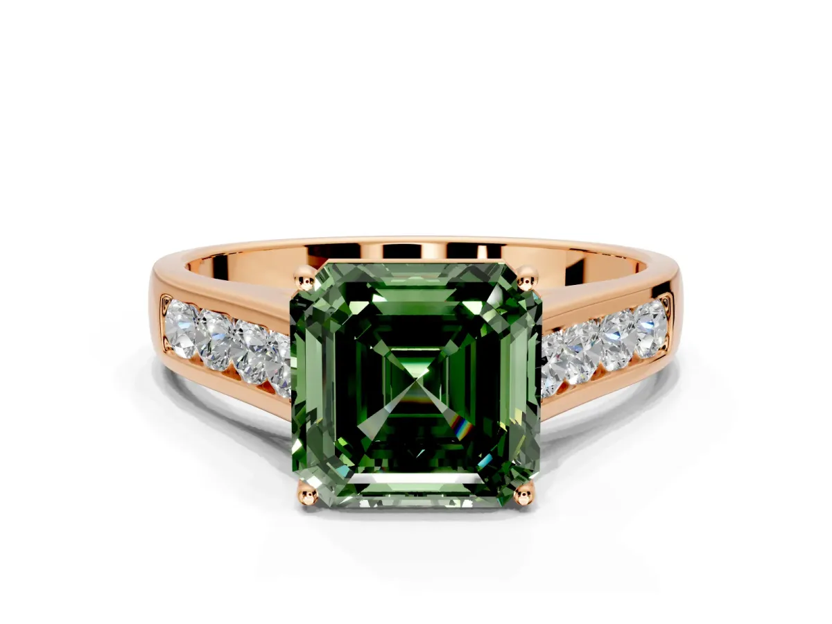 Solitaire Engagement Ring Setting for Fancy Green Asscher Cut Center with Round Cut Channel Band and Prong Head in Rose Gold