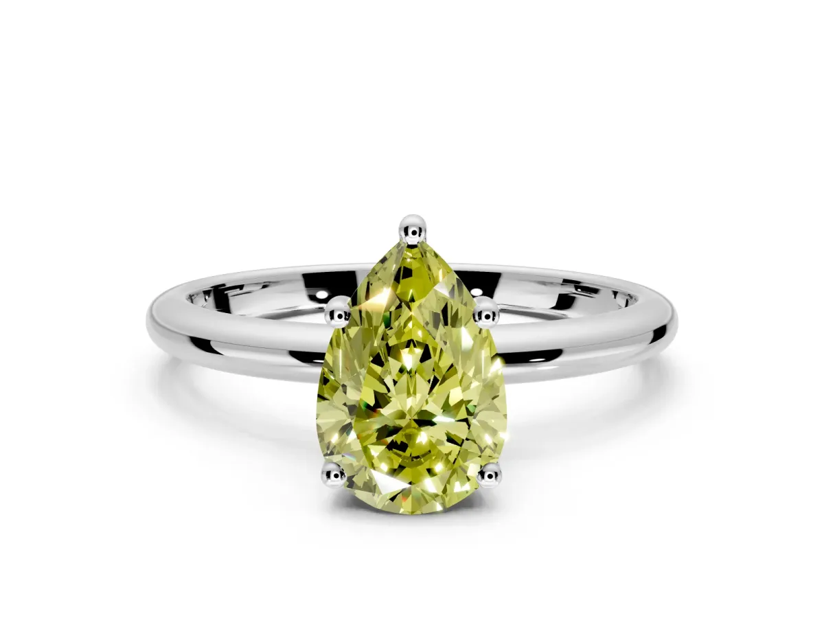 Hidden Halo Engagement Ring Setting for Fancy Yellow Pear-Shaped Center with Thin Round-Wire Band and Prong Head in White Gold