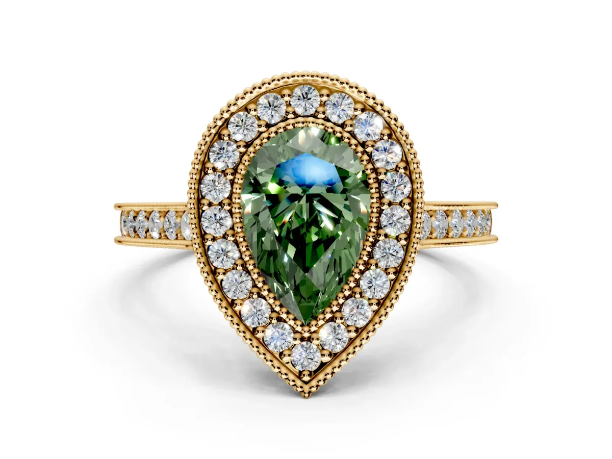 Halo Engagement Ring Setting for Fancy Green Pear-Shaped Center with Milgrain Pave Band and Bezel Head in Yellow Gold