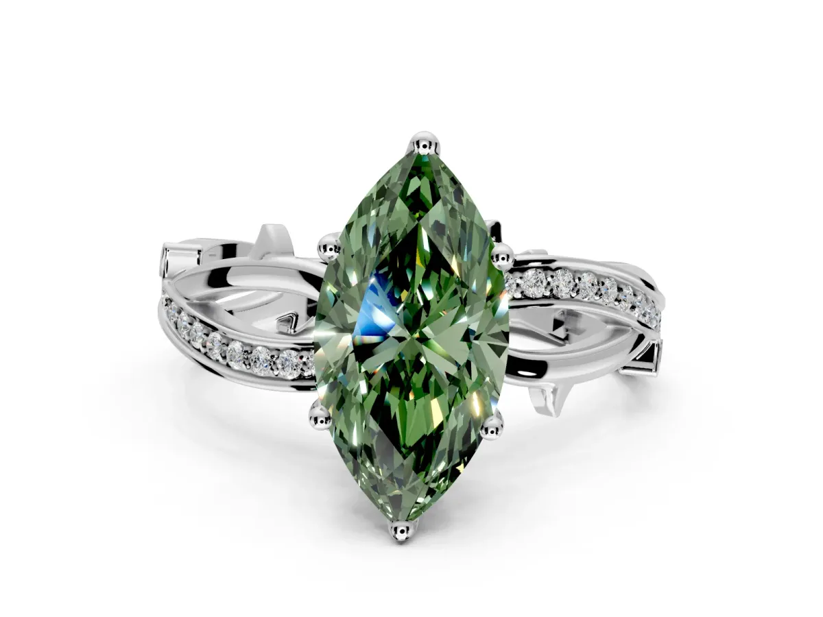 Solitaire Engagement Ring Setting for Fancy Green Marquise Center with Pave and Plain Crossover Band and Prong Head in Platinum