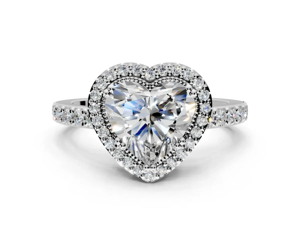 Halo Engagement Ring Setting for Heart-Shaped Center with Inner Milgrain Border and Prong Head in Sterling Silver