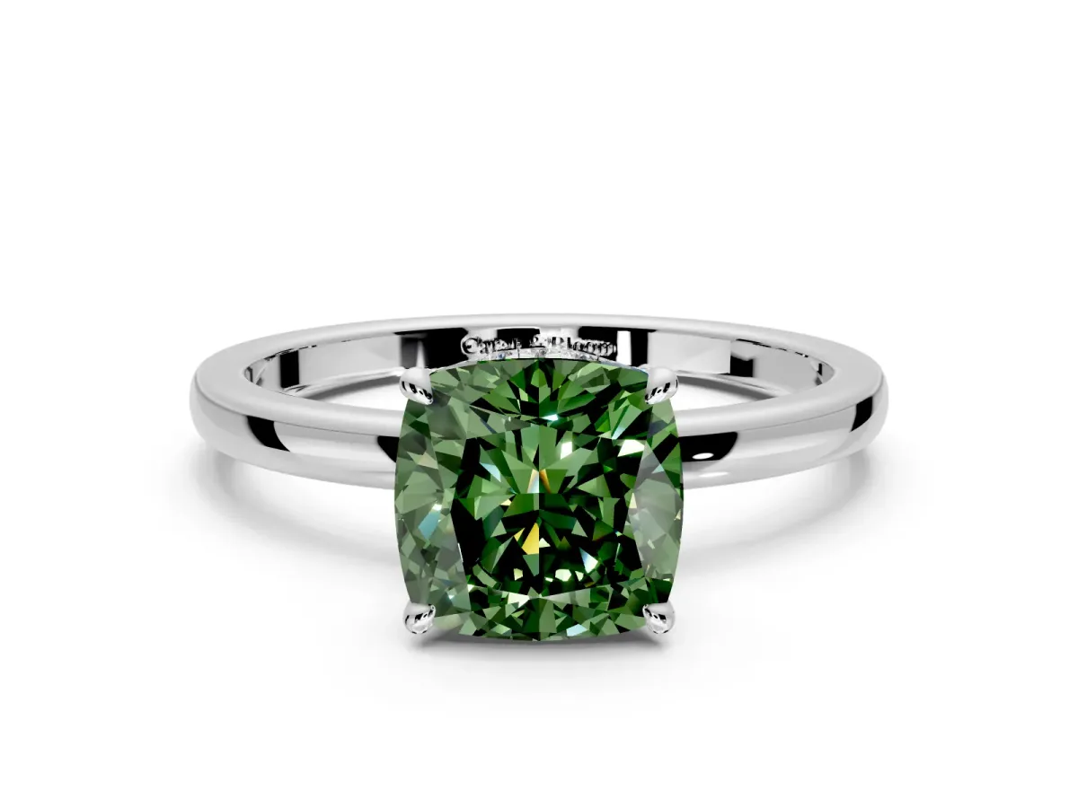 Hidden Halo Engagement Ring Setting for Fancy Green Cushion Cut Center with Plain Band and Tall Prong Head in Sterling Silver