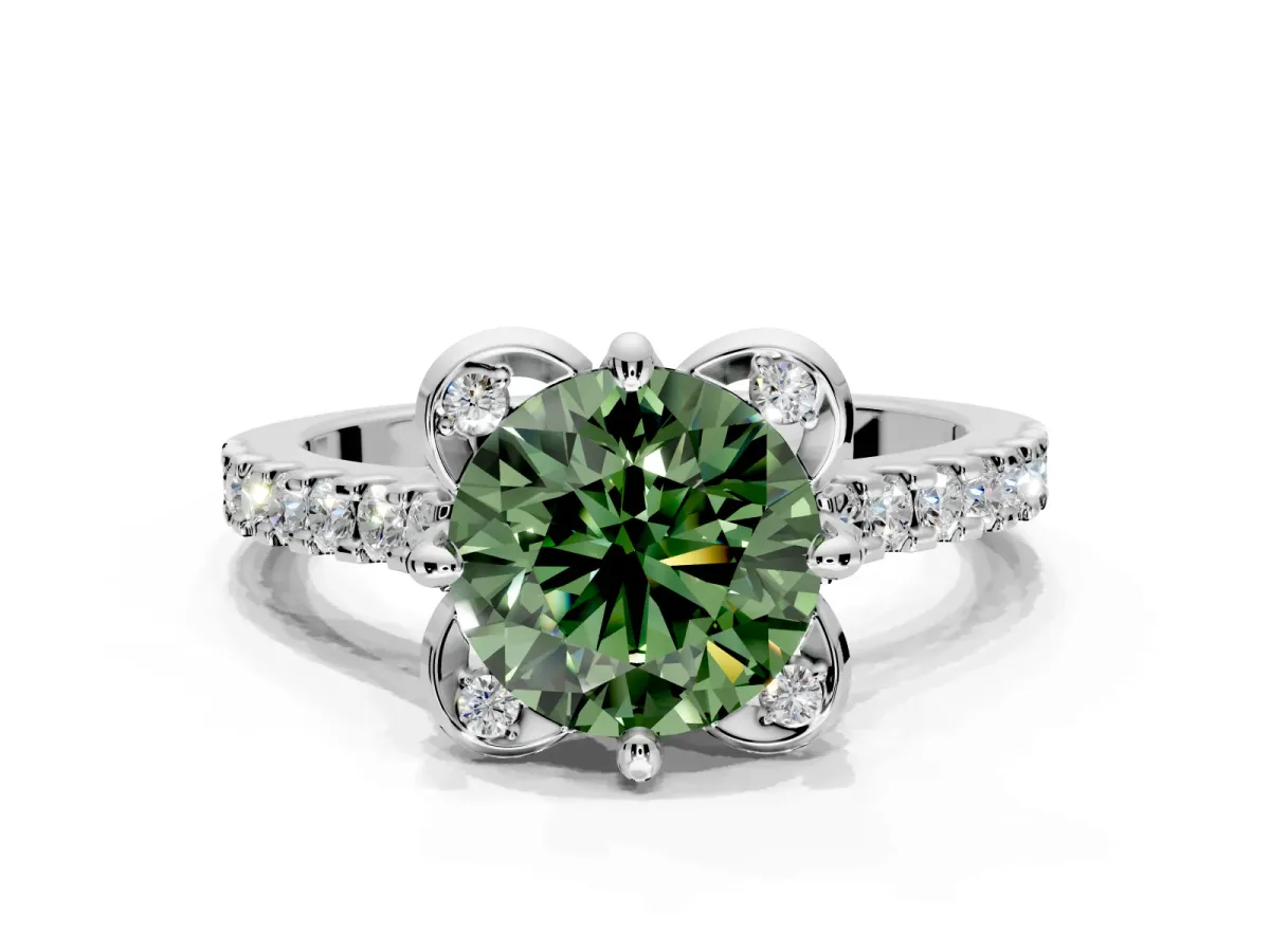 Floral Engagement Ring Setting for Fancy Green Round Cut Center with Pave Band and Floral Prong Head in Sterling Silver