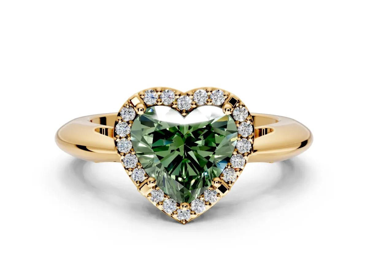 Halo Engagement Ring Setting for Fancy Green Heart-Shaped Center with Tapered Plain Band and Prong Head in Yellow Gold