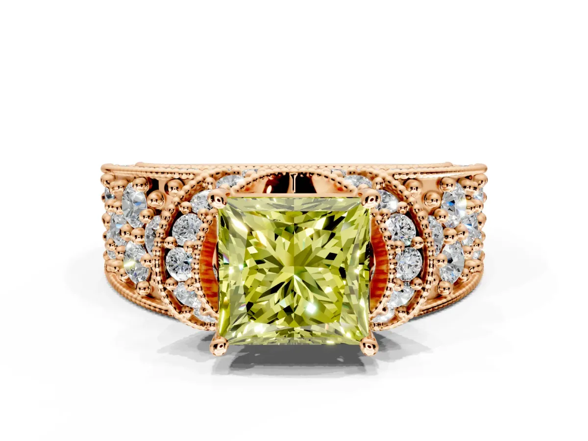 Pave Engagement Ring Setting for Fancy Yellow Princess Cut Center with Curved Accent Rows, Openwork and Prong Head in Rose Gold