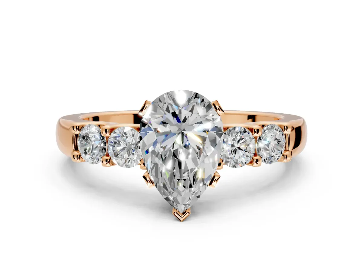 5 Stone Engagement Ring Setting for Pear-Shaped Center with Plain Band and Prong Head in Rose Gold