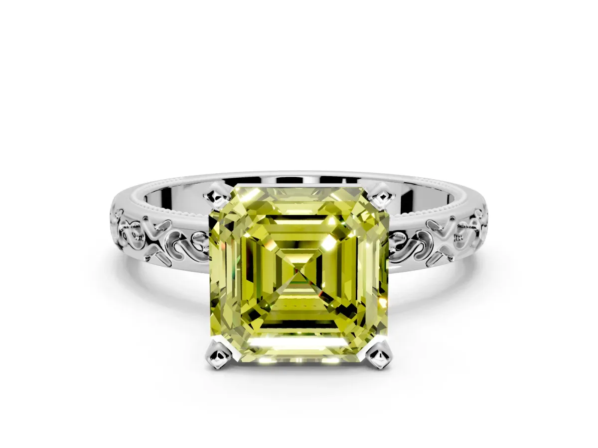 Solitaire Engagement Ring Setting for Fancy Yellow Asscher Cut Center with Scrollwork Band and Prong Head in White Gold