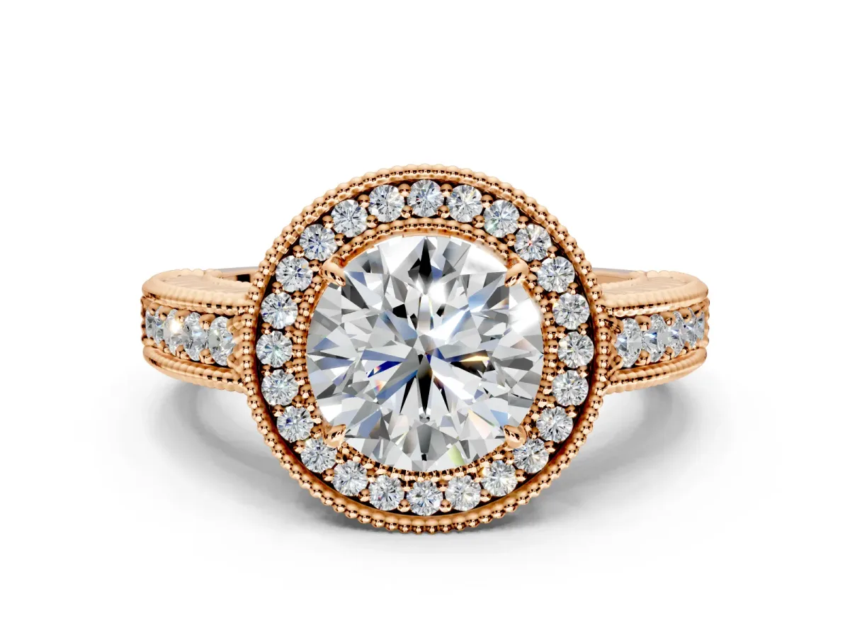 Milgrain Halo Engagement Ring Setting for Round Cut Center with Pave Band and Prong Head in Rose Gold