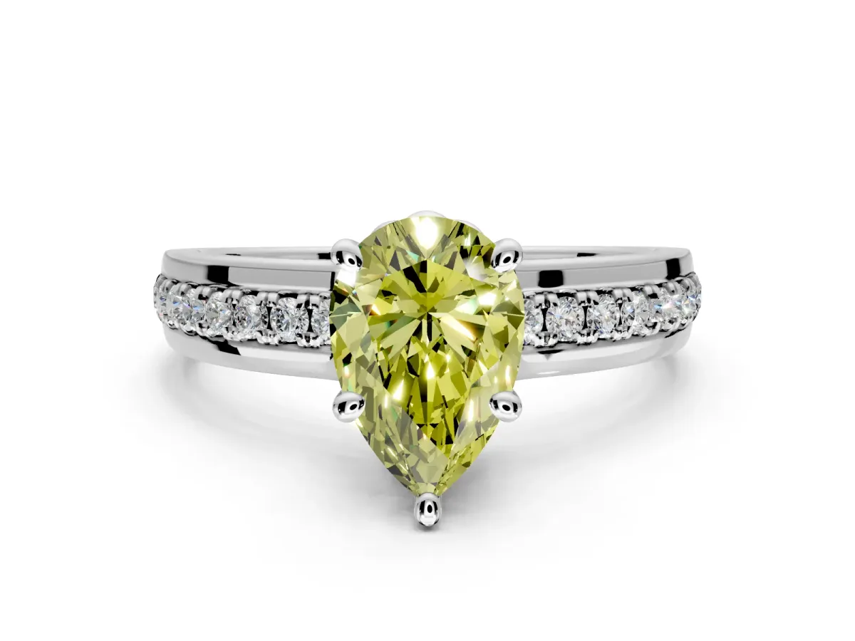 Solitaire Engagement Ring Setting for Fancy Yellow Pear-Shaped Center with Raised Channel Band and Prong Head in Platinum