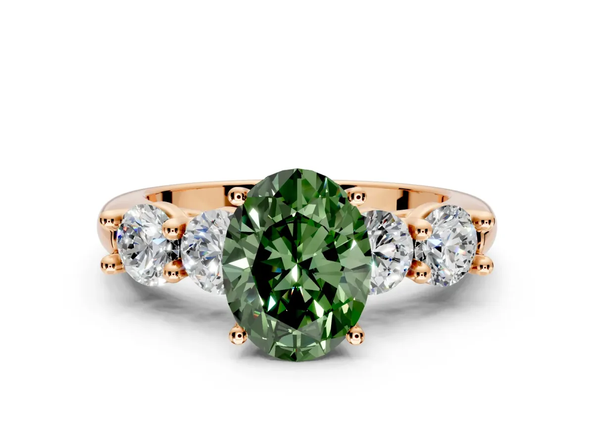 5 Stone Engagement Ring Setting for Fancy Green Oval Center with Graduated Accents and Prong Head in Rose Gold