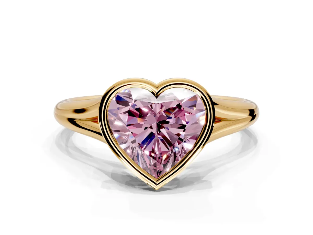 Solitaire Engagement Ring Setting for Fancy Pink Heart-Shaped Center with V Split Shank and Bezel Head in Yellow Gold