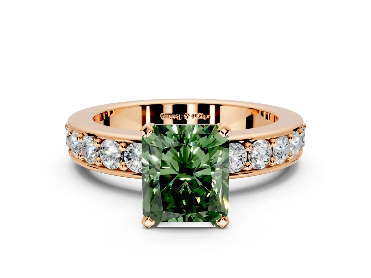 Solitaire Engagement Ring Setting for Fancy Green Radiant Cut Center with Channel-Set Accents and Prong Head in Rose Gold