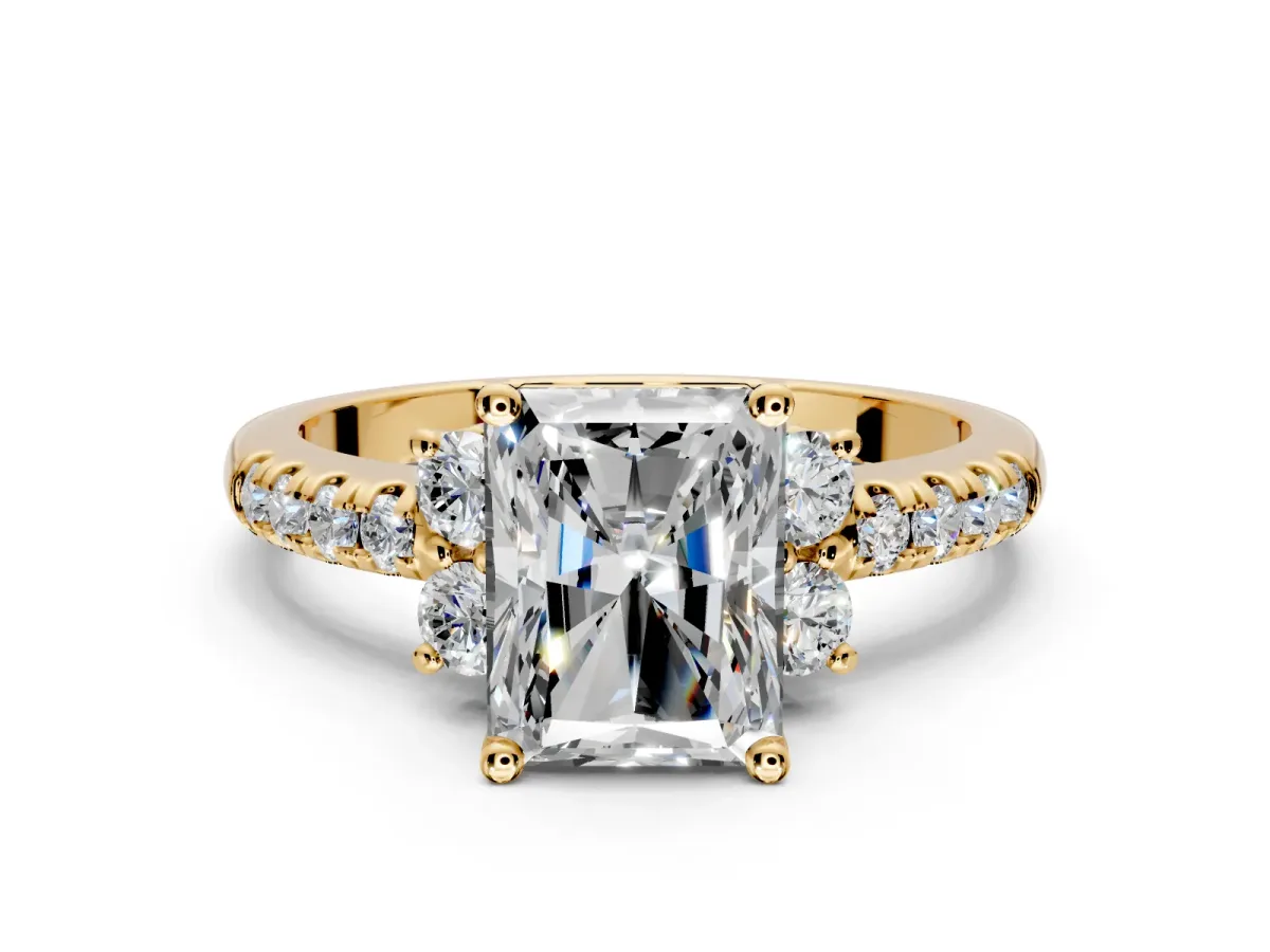 Paired Accent Engagement Ring Setting for Radiant Cut Center with Pave Band and Prong Head in Yellow Gold