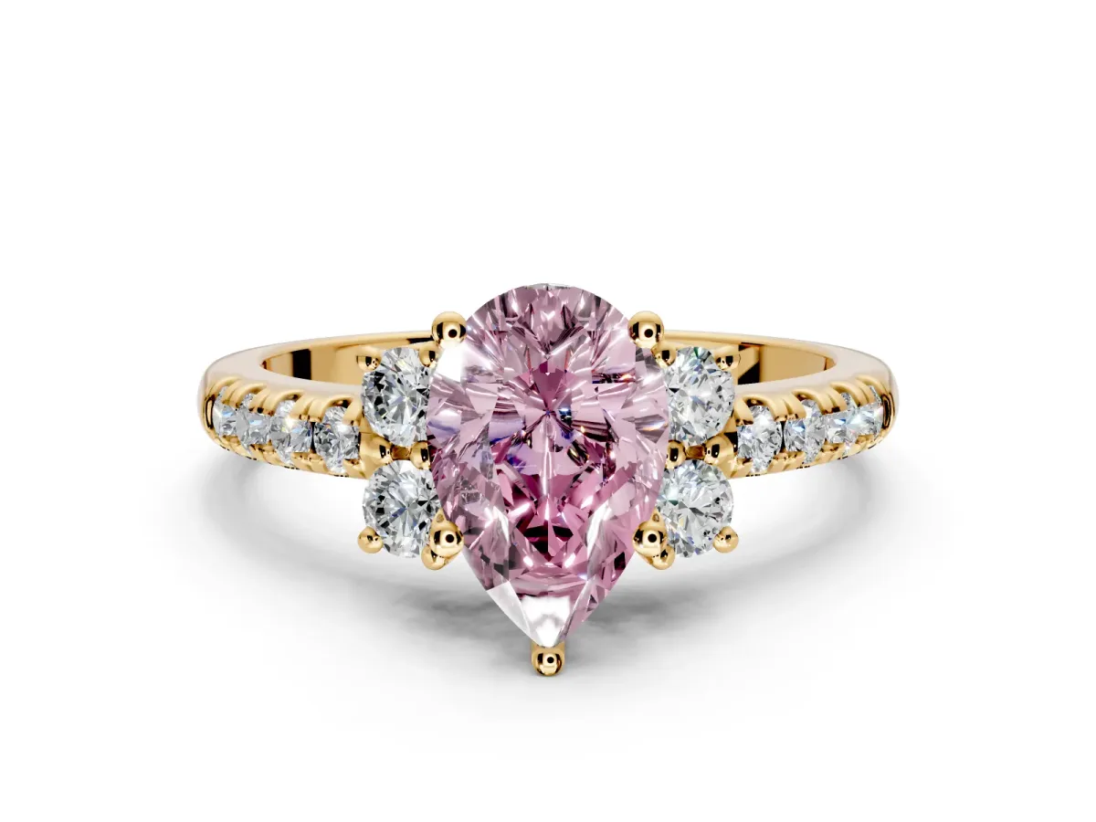 Paired Accent Engagement Ring Setting for Fancy Pink Pear-Shaped Center with Pave Band and Prong Head in Yellow Gold
