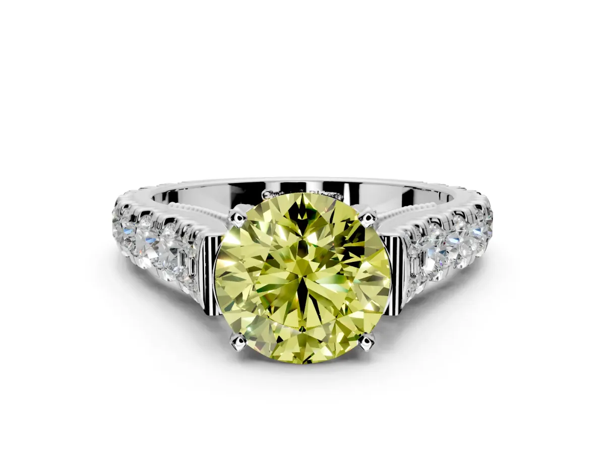 Solitaire Engagement Ring Setting for Fancy Yellow Round Cut Center with Pave Cathedral Shoulders and Prong Head in Platinum