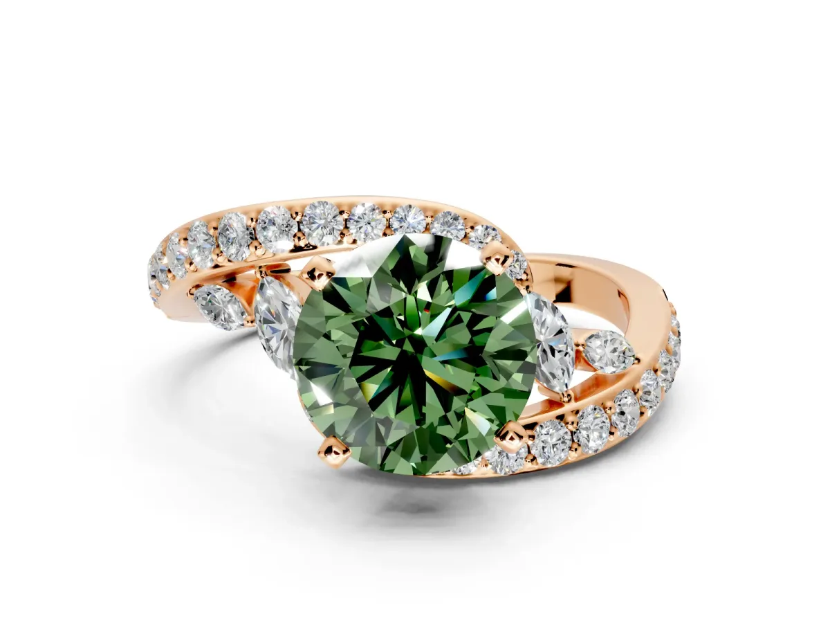 Solitaire Engagement Ring Setting for Fancy Green Round Cut Center with Pave Bypass Twist Band and Prong Head in Rose Gold