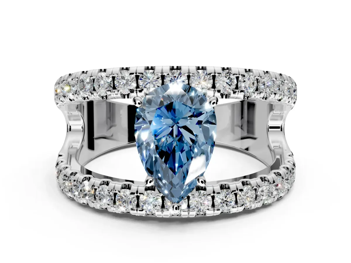 Solitaire Engagement Ring Setting for Fancy Blue Pear-Shaped Center with Wide-Open Split Shank and Prong Head in White Gold
