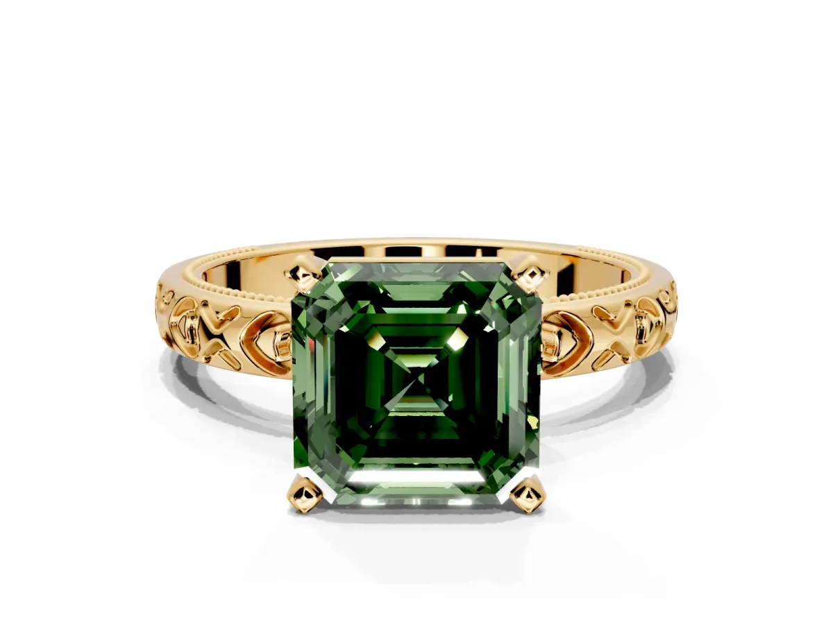 Solitaire Engagement Ring Setting for Fancy Green Asscher Cut Center with XO Engraved Band and Prong Head in Yellow Gold
