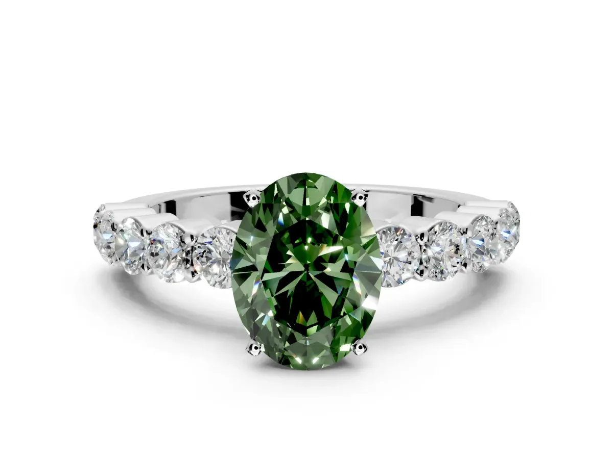 Shared-Prong Engagement Ring Setting for Fancy Green Oval Center with Graduated Accents and Prong Head in Platinum
