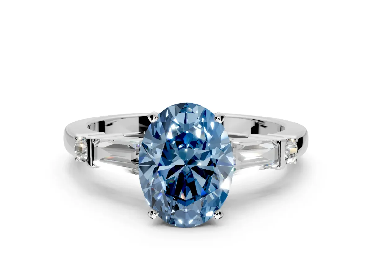 Bar-Set Engagement Ring Setting for Fancy Blue Oval Center with Tapered Baguette Accents and Prong Head in White Gold